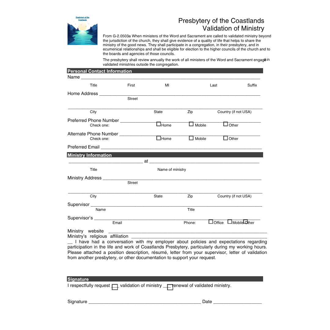 Validation of Ministry form fillable
